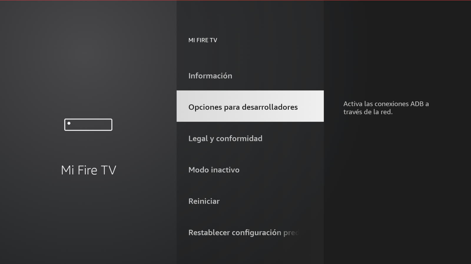Menú Opciones para desarrolladores