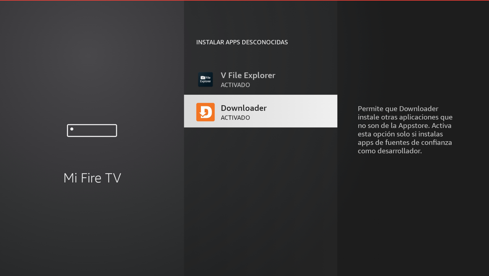 Activar Downloader en apps desconocidas