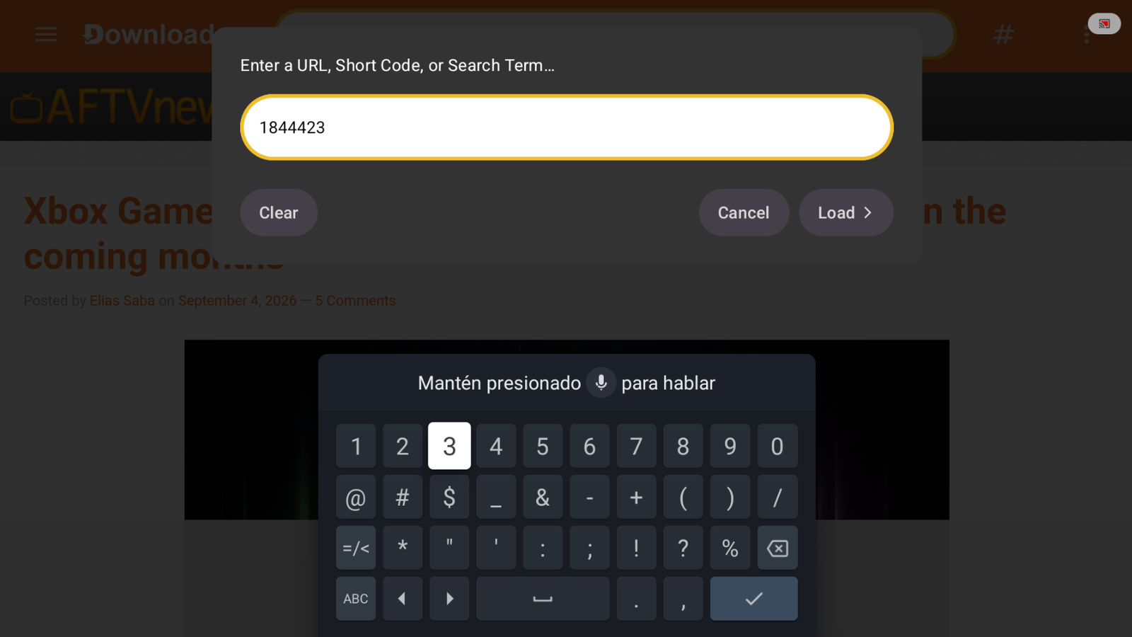 Ingresar el código 1844423 en Downloader