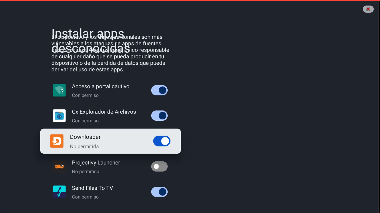 Activar permiso de Downloader para apps desconocidas