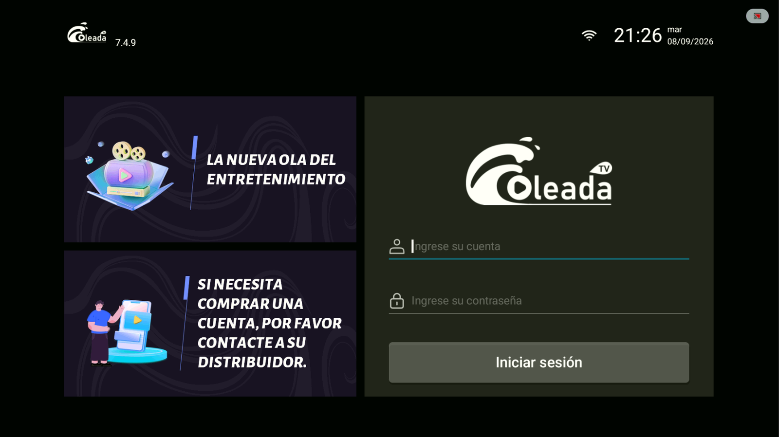 Pantalla de inicio de sesión de Oleada TV