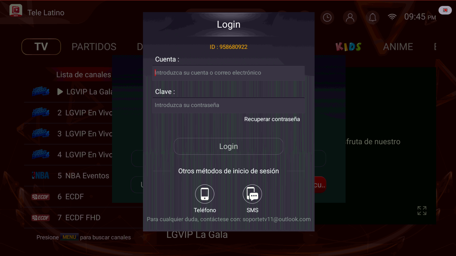 Pantalla de login de Telelatino