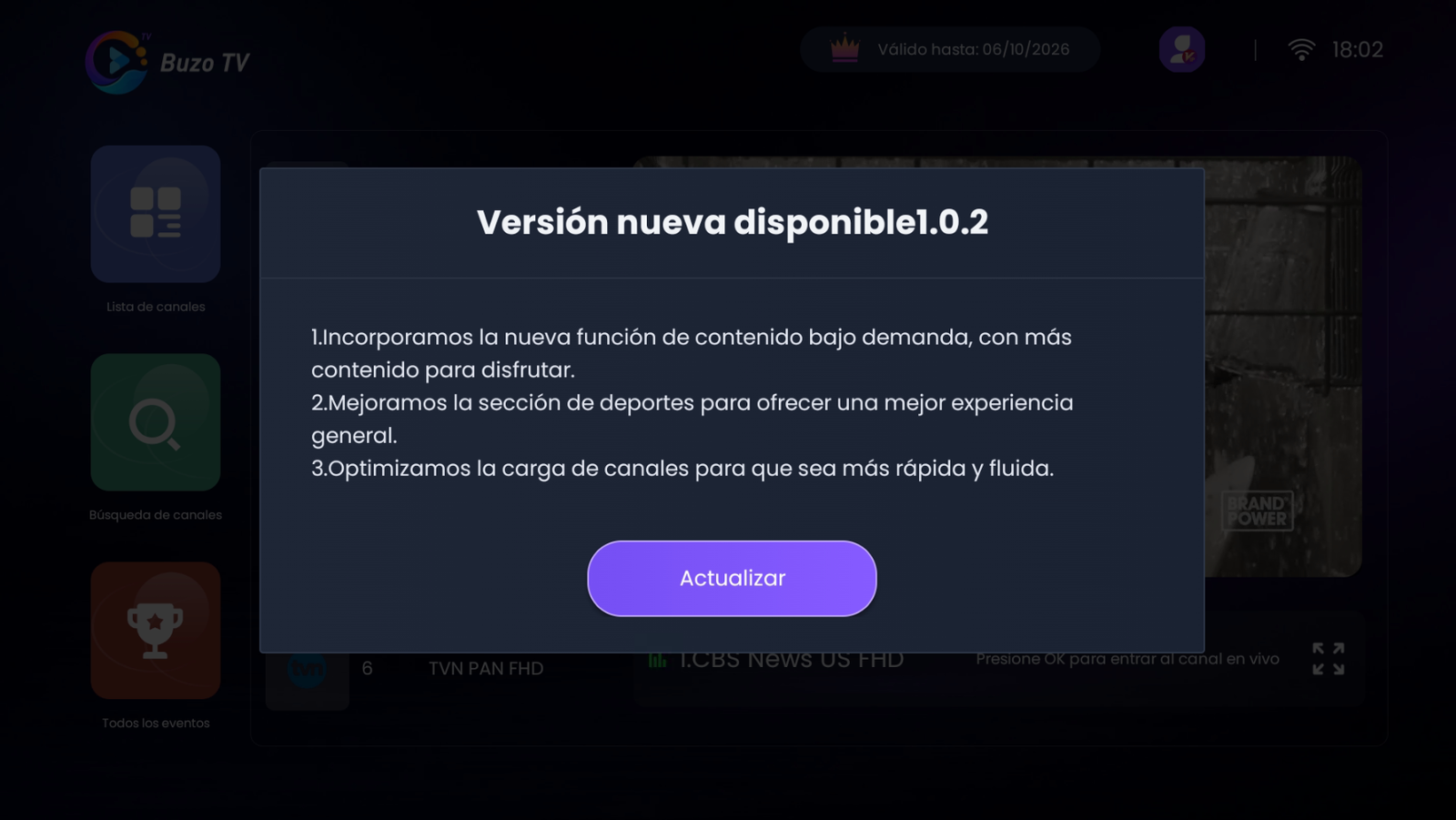 Ventana de actualización de Buzo TV