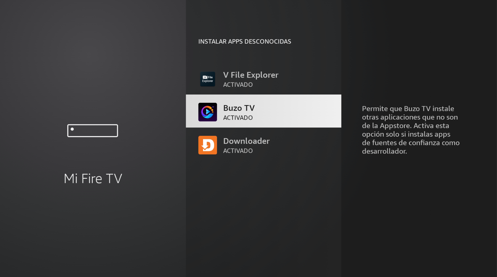 Activar Buzo TV en Instalar apps desconocidas