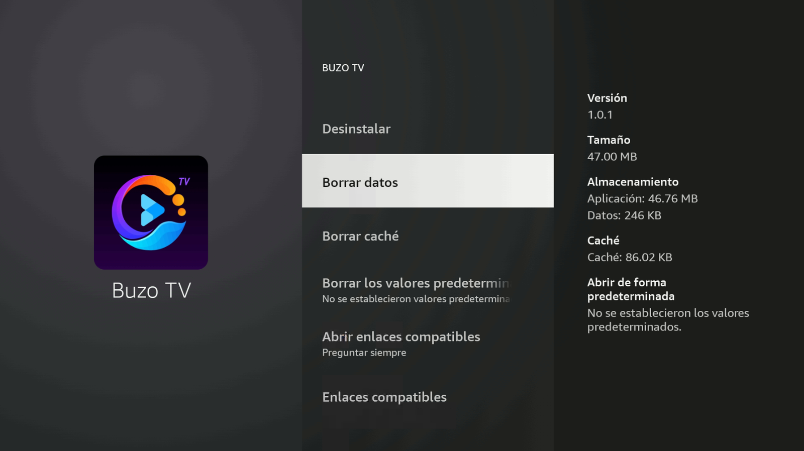 Borrar datos y caché de Buzo TV