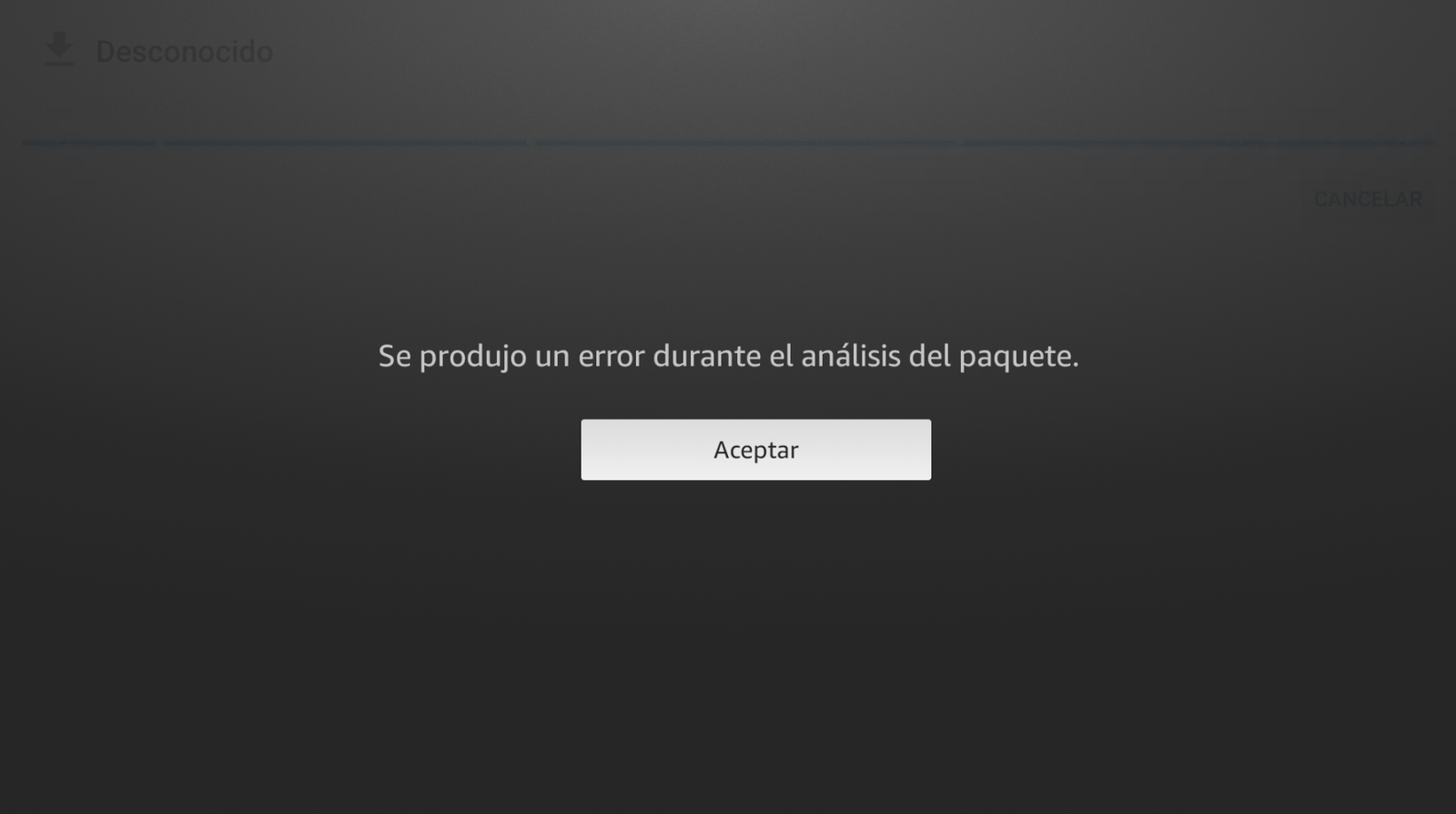 Error durante el análisis del paquete