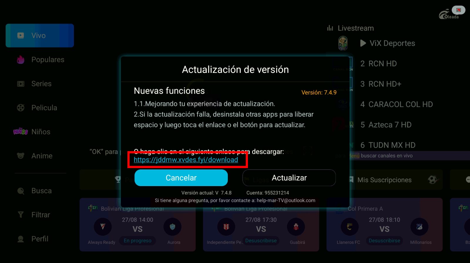Ventana de actualización de versión con enlace azul